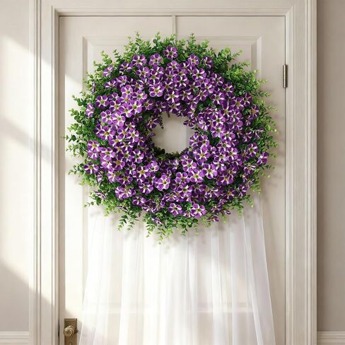 26" Large Artificial Eucalyptus with Flower Wreath for Front Door - Realistic Fake Silk Morning Glory Flowers, Faux Colored Flower Wreath for Home, Farmhouse, Wedding, Indoor, Outdoor Decor (Purple) in Saudi Arabia