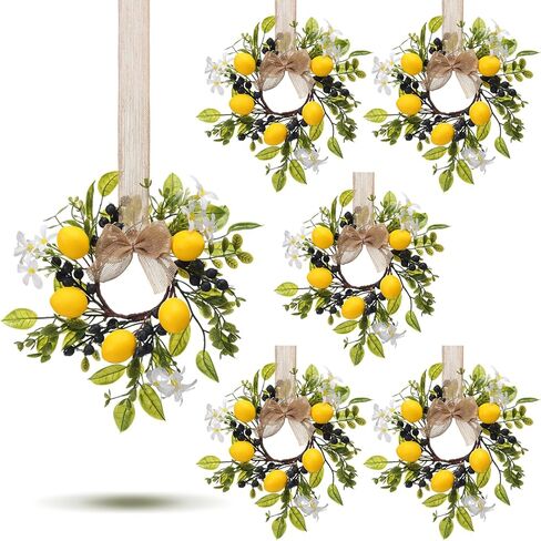 6 Pcs 9" Mini Lemon Wreaths Blueberry Eucalyptus Summer Wreath with Burlap Ribbon for Kitchen Cabinet Farmhouse Porch Wall Window Decor in Kuwait