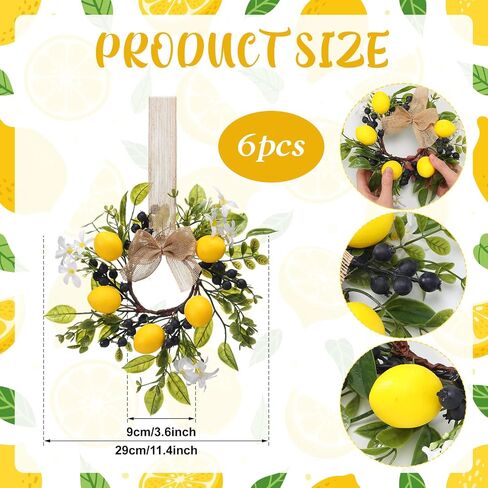 6 Pcs 9" Mini Lemon Wreaths Blueberry Eucalyptus Summer Wreath with Burlap Ribbon for Kitchen Cabinet Farmhouse Porch Wall Window Decor in Kuwait