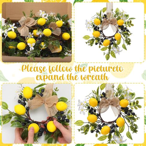 6 Pcs 9" Mini Lemon Wreaths Blueberry Eucalyptus Summer Wreath with Burlap Ribbon for Kitchen Cabinet Farmhouse Porch Wall Window Decor in Kuwait