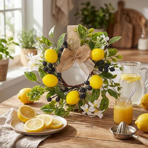 6 Pcs 9" Mini Lemon Wreaths Blueberry Eucalyptus Summer Wreath with Burlap Ribbon for Kitchen Cabinet Farmhouse Porch Wall Window Decor in Kuwait