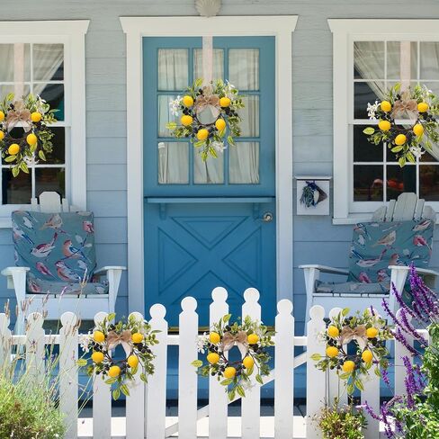 6 Pcs 9" Mini Lemon Wreaths Blueberry Eucalyptus Summer Wreath with Burlap Ribbon for Kitchen Cabinet Farmhouse Porch Wall Window Decor in Kuwait