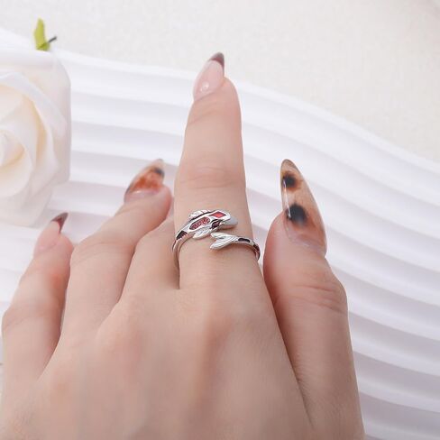 Red Koi Fish Ring for Women: 925 Sterling Silver Koi Open Rings Dainty Adjustable Cute Good Luck Promise Jewelry Anxiety Fidget Gift for fishing Mother Daughter in Saudi Arabia