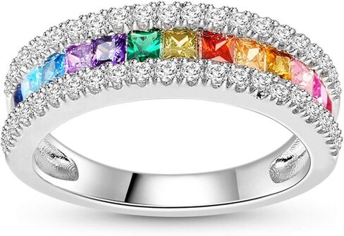 GNOCE Multi-Color Rainbow Band Ring S925 Sterling Silver Princess Cut Women Rings Eternity Wedding Bands Promise Rings for Her in Kuwait