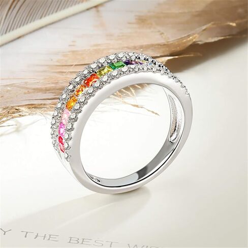 GNOCE Multi-Color Rainbow Band Ring S925 Sterling Silver Princess Cut Women Rings Eternity Wedding Bands Promise Rings for Her in Kuwait