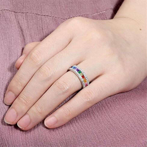 GNOCE Multi-Color Rainbow Band Ring S925 Sterling Silver Princess Cut Women Rings Eternity Wedding Bands Promise Rings for Her in Kuwait