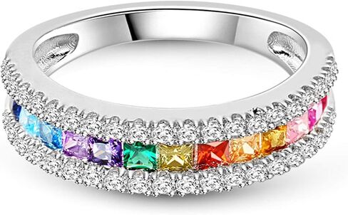 GNOCE Multi-Color Rainbow Band Ring S925 Sterling Silver Princess Cut Women Rings Eternity Wedding Bands Promise Rings for Her in Kuwait