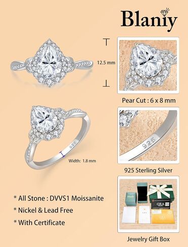 Moissanite Engagement Ring 1.25CT D Color VVS1 Clarity Pear Shaped 925 Sterling Silver Rings Bridal Wedding Promise Ring Jewelry for Women with Certificate Size 5-10 in Saudi Arabia