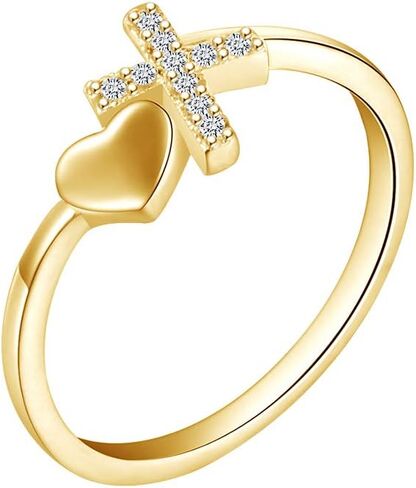 AFFY Round Sparkling White Cubic Zirconia Cross Heart Bypass Promise Ring 14k Gold Over Sterling Silver for Women in Kuwait