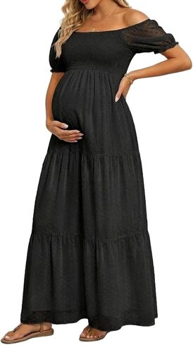 Off The Shoulder Maternity Dress for Baby Shower - Women's Boho Swiss Dot Smocked Puff Sleeve Maxi Dress in Kuwait