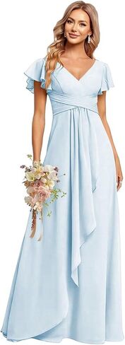 CuteMe Ruffle Sleeve Bridesmaid Dresses for Women Long V Neck Chiffon Long Formal Evening Dress with Pockets CC030 in Saudi Arabia