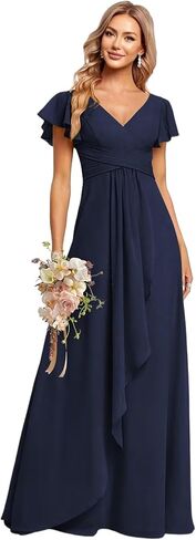 CuteMe Ruffle Sleeve Bridesmaid Dresses for Women Long V Neck Chiffon Long Formal Evening Dress with Pockets CC030 in Saudi Arabia