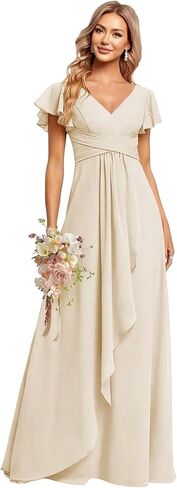 CuteMe Ruffle Sleeve Bridesmaid Dresses for Women Long V Neck Chiffon Long Formal Evening Dress with Pockets CC030 in Saudi Arabia