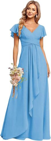 CuteMe Ruffle Sleeve Bridesmaid Dresses for Women Long V Neck Chiffon Long Formal Evening Dress with Pockets CC030 in Saudi Arabia