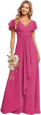 CuteMe Ruffle Sleeve Bridesmaid Dresses for Women Long V Neck Chiffon Long Formal Evening Dress with Pockets CC030 in Saudi Arabia