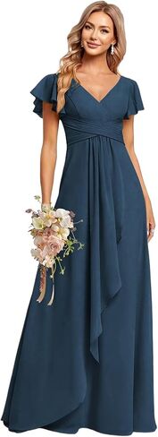 CuteMe Ruffle Sleeve Bridesmaid Dresses for Women Long V Neck Chiffon Long Formal Evening Dress with Pockets CC030 in Saudi Arabia