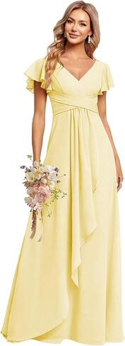 CuteMe Ruffle Sleeve Bridesmaid Dresses for Women Long V Neck Chiffon Long Formal Evening Dress with Pockets CC030 in Saudi Arabia