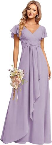 CuteMe Ruffle Sleeve Bridesmaid Dresses for Women Long V Neck Chiffon Long Formal Evening Dress with Pockets CC030 in Saudi Arabia