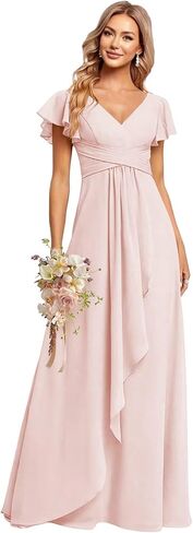 CuteMe Ruffle Sleeve Bridesmaid Dresses for Women Long V Neck Chiffon Long Formal Evening Dress with Pockets CC030 in Saudi Arabia