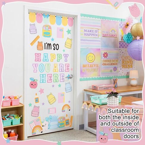 Mindsoft Back to School Classroom Door Decorations Welcome Classroom Window Door Clings Stickers I'm Happy You are Here Peel and Stick Supplies for Preschool Kindergarten(Pastel Style) in Kuwait