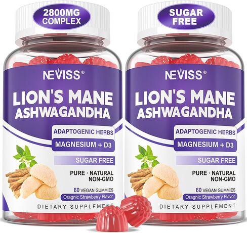 Lions Mane Ashwagandha + Magnesium Glycinate Gummies، مكملات الكورتيزول الهادئة للنساء والرجال مع الزعفران والماكا لذاكرة الطاقة، صمغ مهدئ بتركيز الفطر للبالغين، خالي من السكر، نباتي 120 قيراط in Kuwait