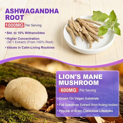Lions Mane Ashwagandha + Magnesium Glycinate Gummies، مكملات الكورتيزول الهادئة للنساء والرجال مع الزعفران والماكا لذاكرة الطاقة، صمغ مهدئ بتركيز الفطر للبالغين، خالي من السكر، نباتي 120 قيراط in Kuwait