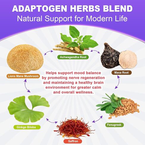 Lions Mane Ashwagandha + Magnesium Glycinate Gummies، مكملات الكورتيزول الهادئة للنساء والرجال مع الزعفران والماكا لذاكرة الطاقة، صمغ مهدئ بتركيز الفطر للبالغين، خالي من السكر، نباتي 120 قيراط in Kuwait