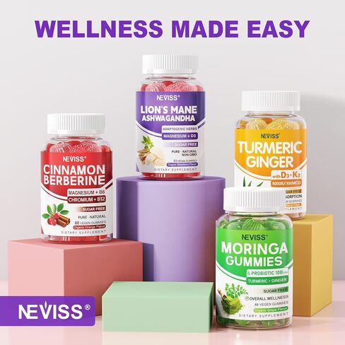 Lions Mane Ashwagandha + Magnesium Glycinate Gummies، مكملات الكورتيزول الهادئة للنساء والرجال مع الزعفران والماكا لذاكرة الطاقة، صمغ مهدئ بتركيز الفطر للبالغين، خالي من السكر، نباتي 120 قيراط in Kuwait