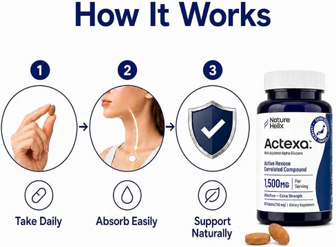 Actexa - مركب مرتبط بهيكسوز نشط - 1500 مجم لكل جرعة - مكمل للخلايا التائية - يدعم وظيفة الخلايا القاتلة الطبيعية - نشاط الخلايا القاتلة الطبيعية - دعم الجهاز المناعي - مستخلص الفطر - 60 قرصًا in Kuwait