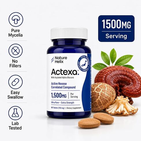 Actexa - مركب مرتبط بهيكسوز نشط - 1500 مجم لكل جرعة - مكمل للخلايا التائية - يدعم وظيفة الخلايا القاتلة الطبيعية - نشاط الخلايا القاتلة الطبيعية - دعم الجهاز المناعي - مستخلص الفطر - 60 قرصًا in Kuwait