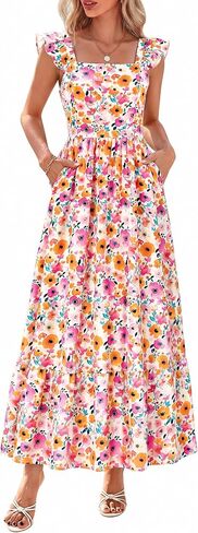 dowerme Womens Summer Dresses 2026 Ruffle Sleeve Square Neck Floral Boho Midi Dress Spring Smocked Beach Party Sundress in Saudi Arabia