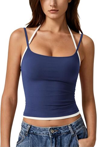 QINSEN Women's Spaghetti Strap Tank Top Slim Fitting Layered Halter Neck Sleeveless Crop Cami Shirt in Kuwait