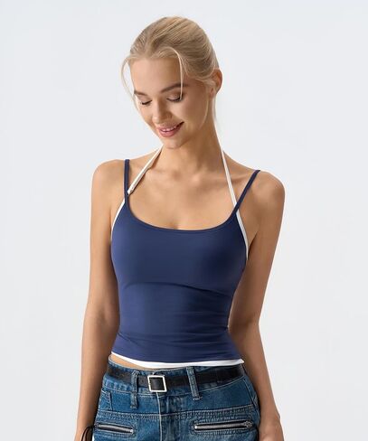 QINSEN Women's Spaghetti Strap Tank Top Slim Fitting Layered Halter Neck Sleeveless Crop Cami Shirt in Kuwait