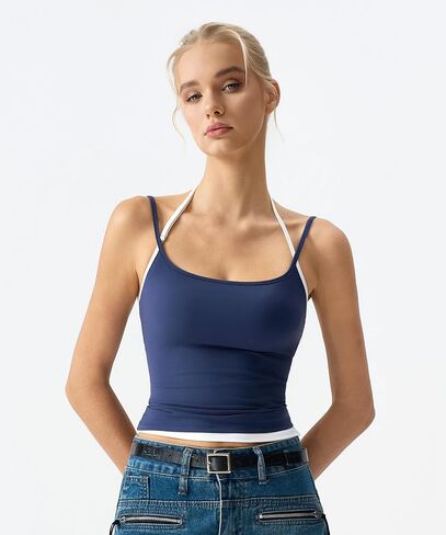 QINSEN Women's Spaghetti Strap Tank Top Slim Fitting Layered Halter Neck Sleeveless Crop Cami Shirt in Kuwait
