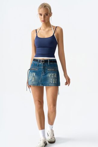 QINSEN Women's Spaghetti Strap Tank Top Slim Fitting Layered Halter Neck Sleeveless Crop Cami Shirt in Kuwait