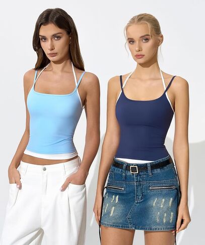QINSEN Women's Spaghetti Strap Tank Top Slim Fitting Layered Halter Neck Sleeveless Crop Cami Shirt in Kuwait