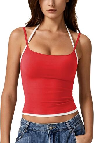 QINSEN Women's Spaghetti Strap Tank Top Slim Fitting Layered Halter Neck Sleeveless Crop Cami Shirt in Kuwait