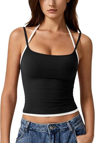 QINSEN Women's Spaghetti Strap Tank Top Slim Fitting Layered Halter Neck Sleeveless Crop Cami Shirt in Kuwait