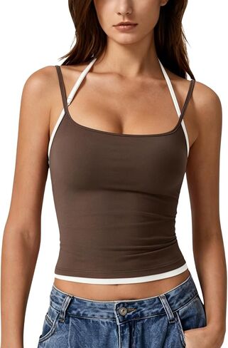 QINSEN Women's Spaghetti Strap Tank Top Slim Fitting Layered Halter Neck Sleeveless Crop Cami Shirt in Kuwait