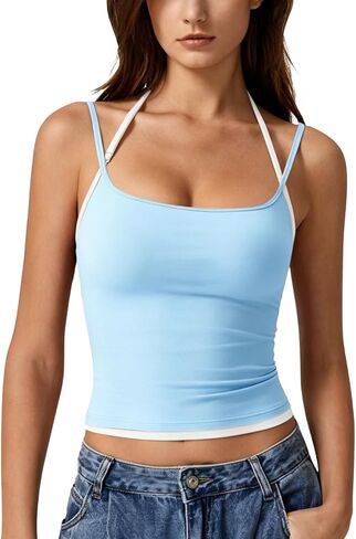 QINSEN Women's Spaghetti Strap Tank Top Slim Fitting Layered Halter Neck Sleeveless Crop Cami Shirt in Kuwait