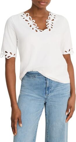 NIC+Zoe Women's Large Eyelet Trim Cotton Stretch Top in Kuwait