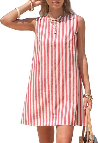 EXLURA Women Summer 100% Cotton Faux Linen Dresses Sleeveless Striped A-Line Mini Sundress Beach Vacation Dress with Pockets in Kuwait
