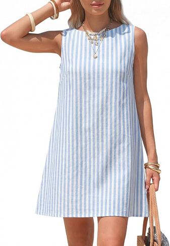 EXLURA Women Summer 100% Cotton Faux Linen Dresses Sleeveless Striped A-Line Mini Sundress Beach Vacation Dress with Pockets in Kuwait