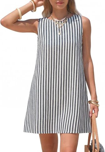 EXLURA Women Summer 100% Cotton Faux Linen Dresses Sleeveless Striped A-Line Mini Sundress Beach Vacation Dress with Pockets in Kuwait