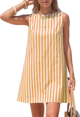 EXLURA Women Summer 100% Cotton Faux Linen Dresses Sleeveless Striped A-Line Mini Sundress Beach Vacation Dress with Pockets in Kuwait