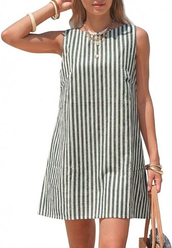 EXLURA Women Summer 100% Cotton Faux Linen Dresses Sleeveless Striped A-Line Mini Sundress Beach Vacation Dress with Pockets in Kuwait