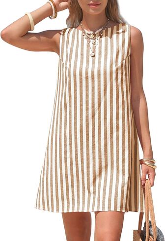 EXLURA Women Summer 100% Cotton Faux Linen Dresses Sleeveless Striped A-Line Mini Sundress Beach Vacation Dress with Pockets in Kuwait