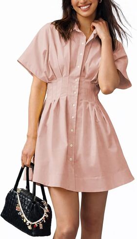 Shy Velvet Women’s Mini Shirt Dress Casual Button Down Short Sleeve Collared Summer Dresses in Saudi Arabia