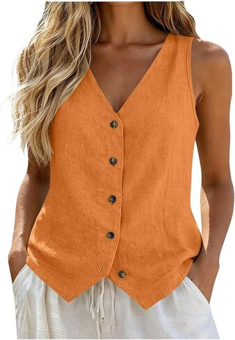 Linen Vest Tops for Women Summer Button Down Sleeveless Shirts Cotton Blend V Neck Tank Dressy Casual Work Gauzy Vests in Kuwait