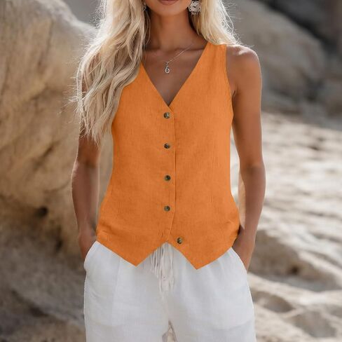 Linen Vest Tops for Women Summer Button Down Sleeveless Shirts Cotton Blend V Neck Tank Dressy Casual Work Gauzy Vests in Kuwait